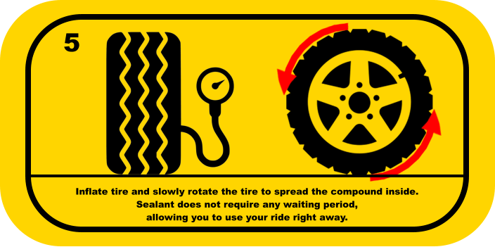 5 Inflate tire and slowly rotate the tire to spread the compound inside.  Sealant does not require any waiting period,  allowing you to use your ride right away.