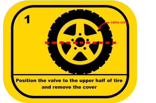 Position the valve to the upper half of tire  and remove the cover 1
